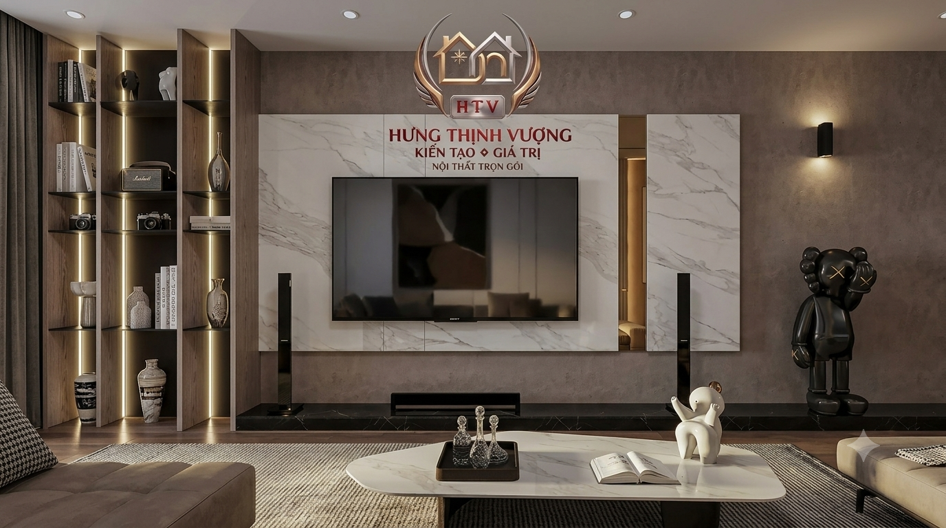 Vách tivi lam sóng vân gỗ kết hợp đèn LED hiện đại, ấm cúng tại Vĩnh Phúc