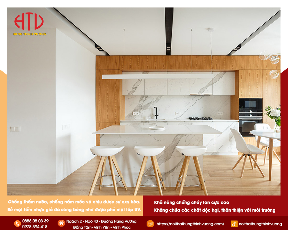 THIẾT KẾ NỘI THẤT PHÒNG BẾP VỚI TẤM ỐP NHỰA PVC VÂN ĐÁ