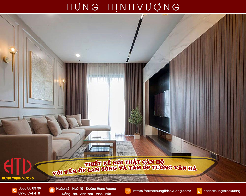 THIẾT KẾ NỘI THẤT CĂN HỘ VỚI TẤM ỐP LAM SÓNG VÀ TẤM ỐP TƯỜNG VÂN ĐÁ