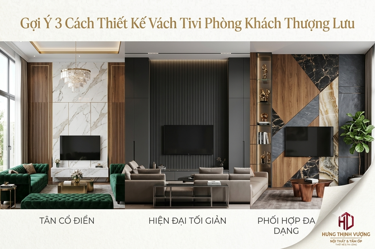 Gợi ý 3 cách thiết kế vách tivi phòng khách sang trọng, thượng lưu với phong cách tân cổ điển, hiện đại tối giản và phối hợp đa dạng.