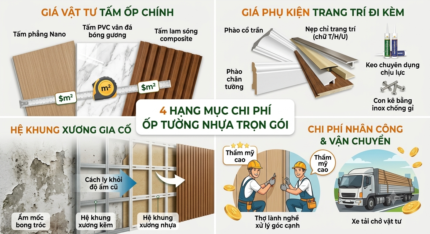Infographic bóc tách 4 hạng mục cấu thành chi phí ốp tường nhựa trọn gói bao gồm giá vật tư tấm ốp chính, phụ kiện trang trí đi kèm, hệ khung xương gia cố chống ẩm mốc và chi phí nhân công vận chuyển.