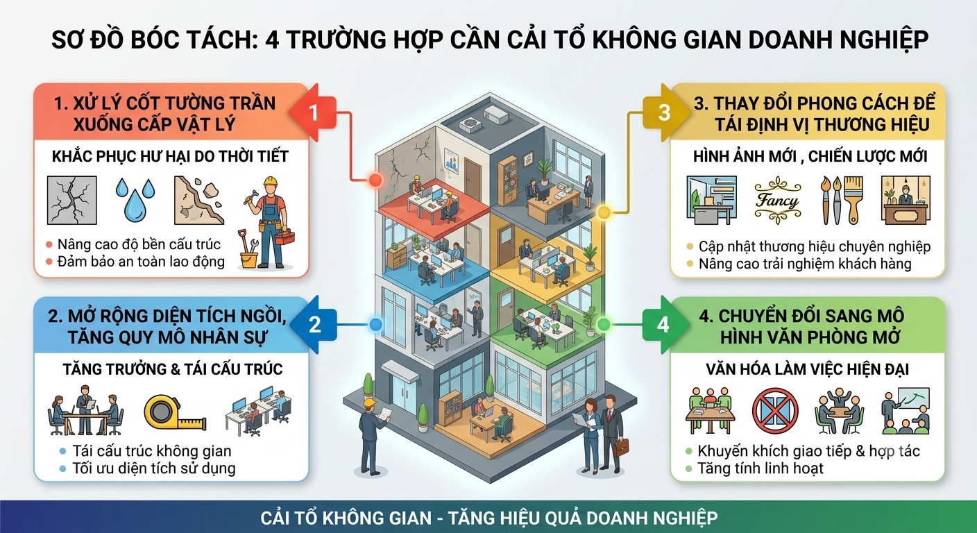 Infographic bóc tách 4 trường hợp doanh nghiệp cần cải tạo nội thất văn phòng gồm xử lý tường trần xuống cấp vật lý, mở rộng diện tích ngồi, thiết kế tái định vị thương hiệu và chuyển đổi sang mô hình văn phòng mở của Nội Thất Hưng Thịnh Vượng.
