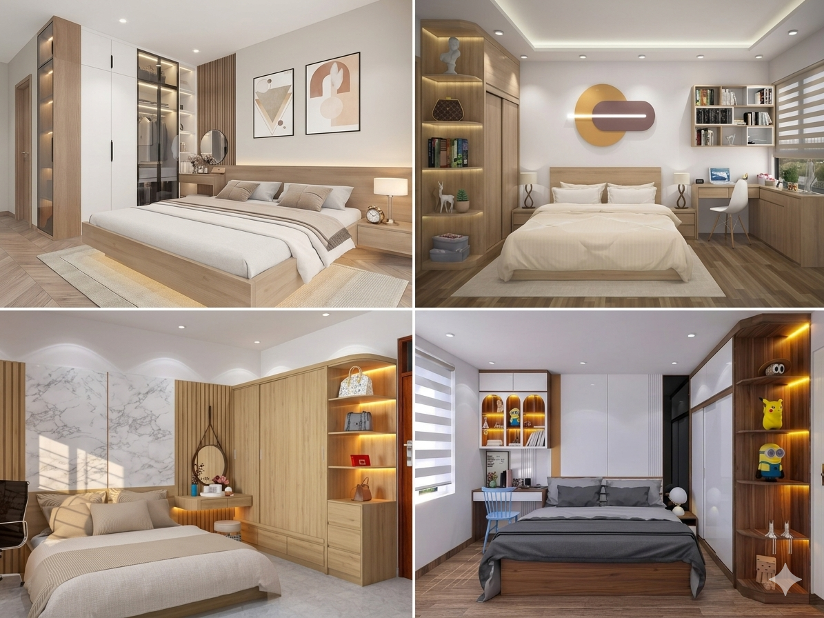 Mẫu thiết kế nội thất phòng ngủ phong cách tối giản minimalism với giường bệt kiểu Nhật
