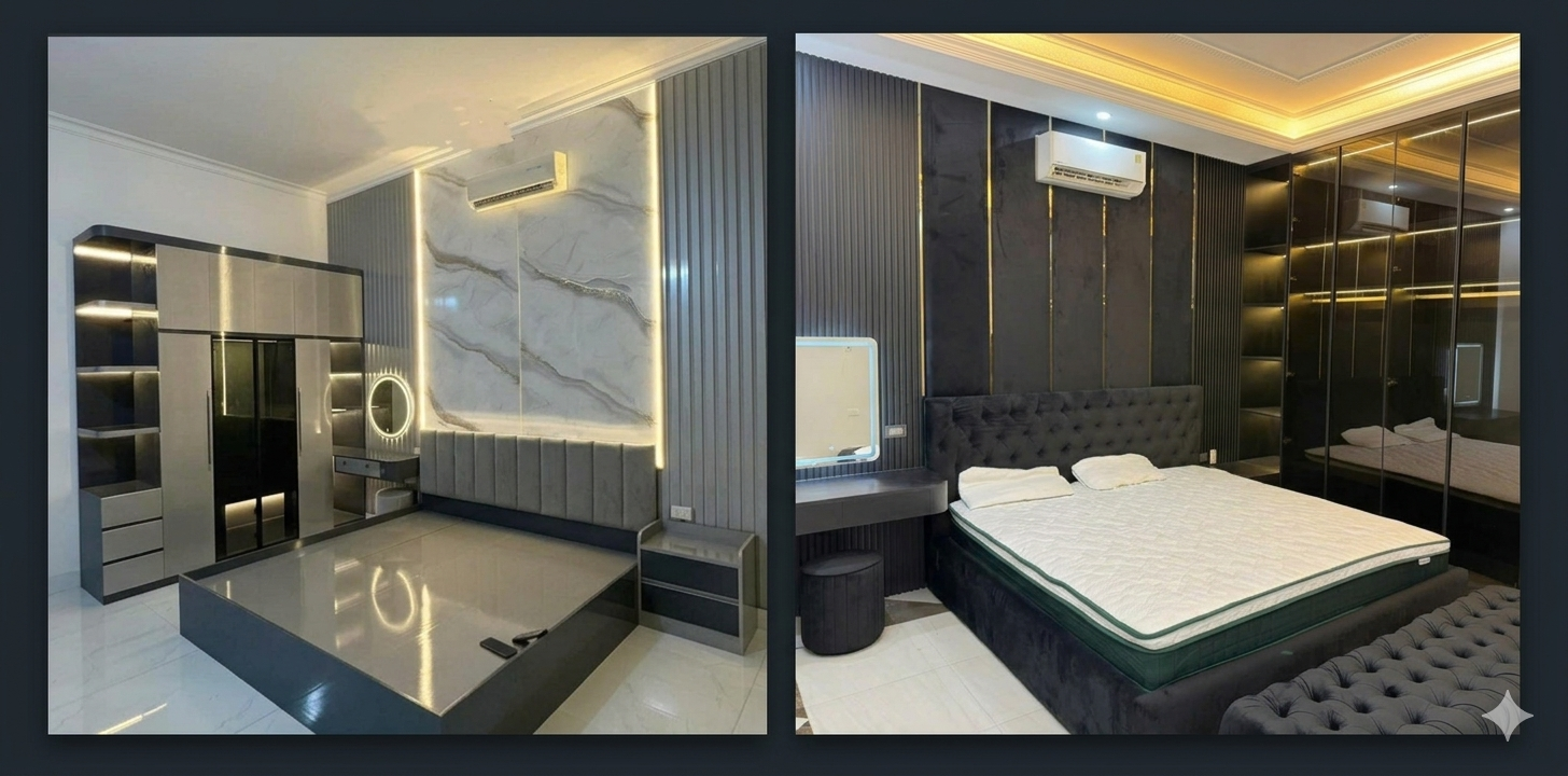 Mẫu thiết kế nội thất phòng ngủ phong cách hiện đại với giường bệt và vách ốp tường vân đá sang trọng