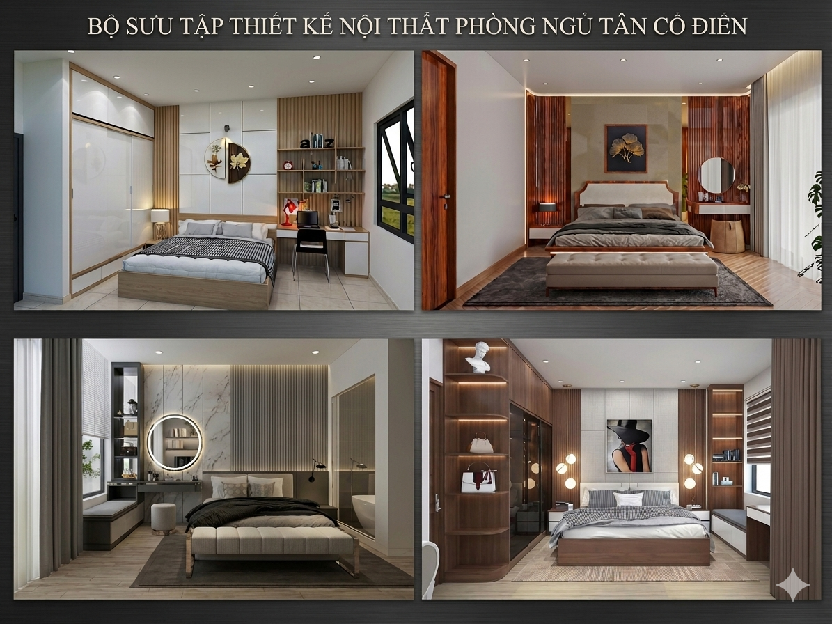 Mẫu thiết kế nội thất phòng ngủ master phong cách tân cổ điển sang trọng với giường bọc da cao cấp