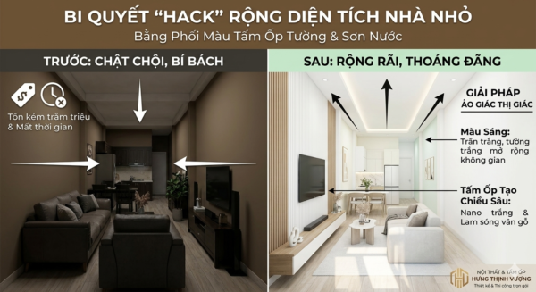Bí quyết hack rộng diện tích nhà nhỏ chật chội bí bách thành rộng rãi thoáng đãng bằng cách phối màu tấm ốp tường Nano trắng kết hợp lam sóng và sơn nước.