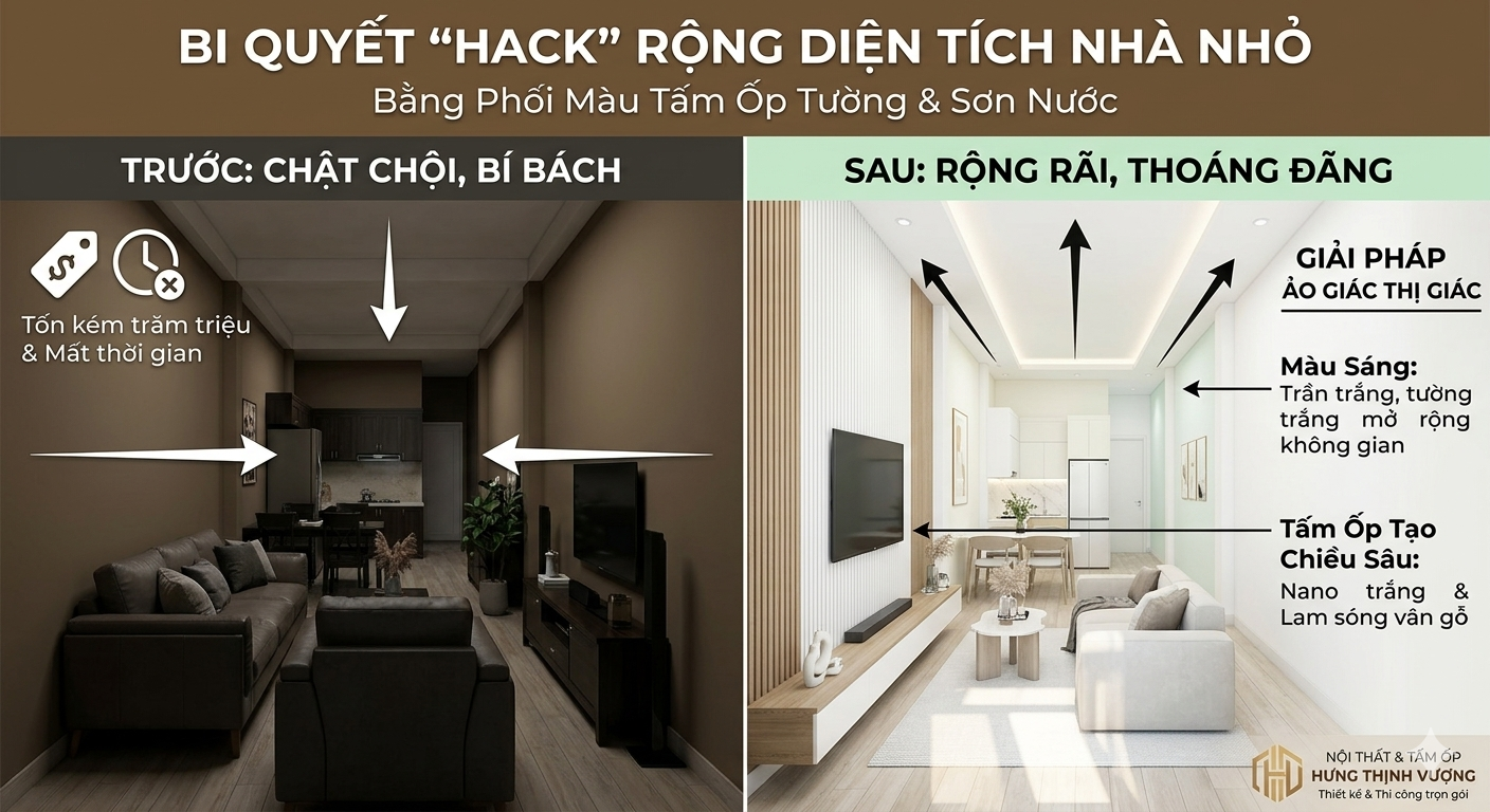 Bí quyết hack rộng diện tích nhà nhỏ chật chội bí bách thành rộng rãi thoáng đãng bằng cách phối màu tấm ốp tường Nano trắng kết hợp lam sóng và sơn nước.