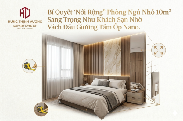 Thiết kế vách đầu giường tấm ốp Nano giúp phòng ngủ nhỏ 10m² trở nên sang trọng và rộng rãi hơn như khách sạn.