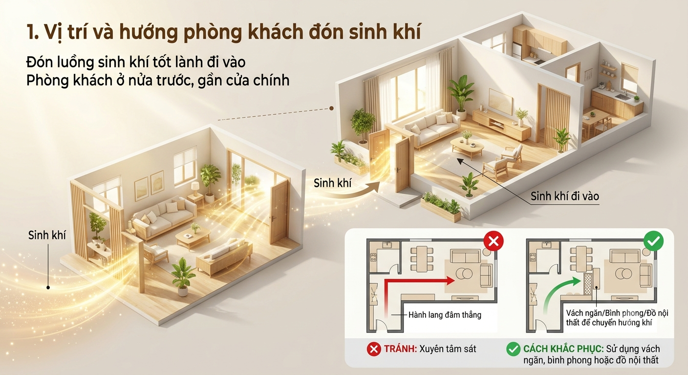 "Hướng dẫn bố trí vị trí và hướng phòng khách đón sinh khí, cách khắc phục lỗi hành lang đâm thẳng vào nhà theo phong thủy."