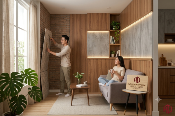 Cặp đôi trẻ hạnh phúc cải tạo không gian sống cho chung cư mini bằng cách thi công tấm ốp nhựa Nano vân đá và vân gỗ cao cấp từ Nội Thất Hưng Thịnh Vượng.
