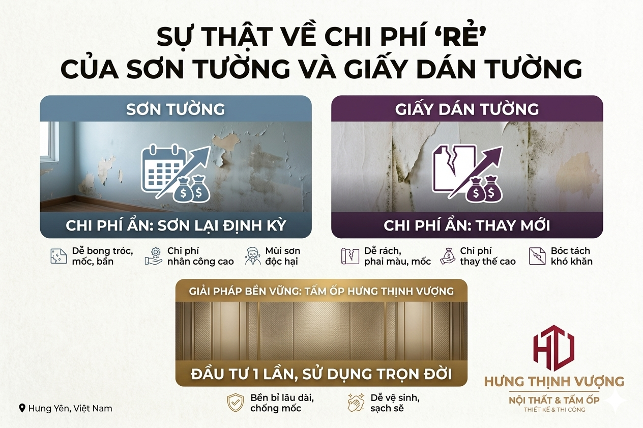 Bảng so sánh chi phí ẩn của sơn tường và giấy dán tường, giới thiệu giải pháp tấm ốp bền vững từ Nội Thất Hưng Thịnh Vượng.