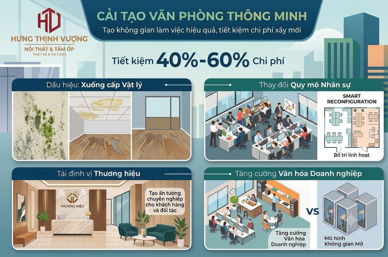 Infographic tổng hợp 4 dấu hiệu doanh nghiệp cần cải tạo nội thất văn phòng làm việc trọn gói giúp tối ưu chi phí và tăng hiệu suất nhân sự.