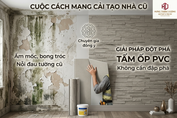 Giải pháp xử lý tường nhà bị ẩm mốc, bong tróc bằng tấm ốp nhựa PVC Hưng Thịnh Vượng không cần đập phá.