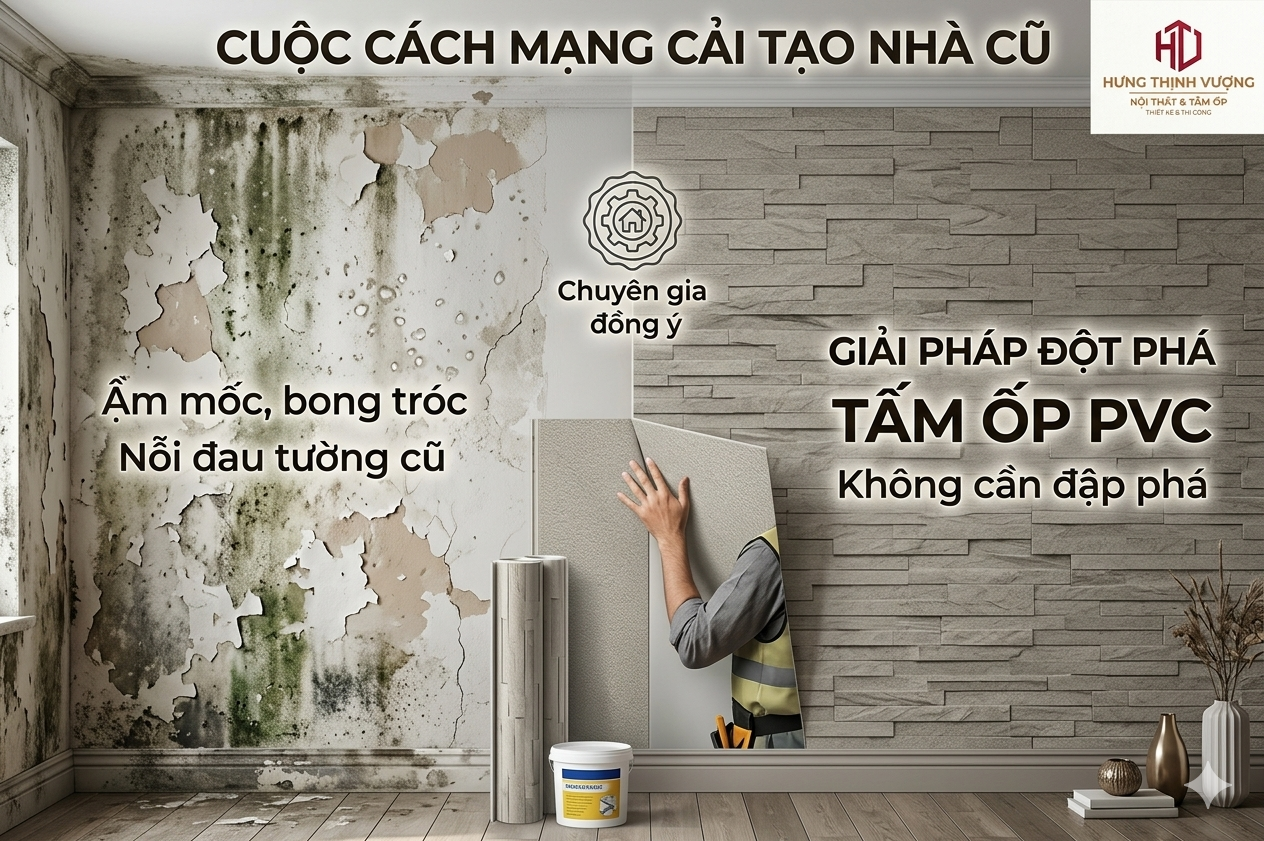 Giải pháp xử lý tường nhà bị ẩm mốc, bong tróc bằng tấm ốp nhựa PVC Hưng Thịnh Vượng không cần đập phá.