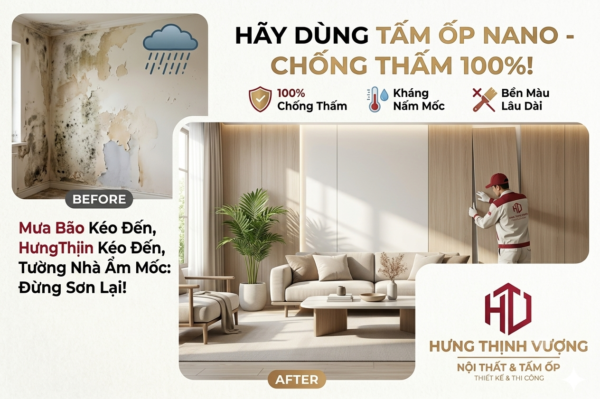 So sánh trước và sau khi xử lý tường nhà bị mốc, bong tróc do mưa bão bằng giải pháp thi công tấm ốp nhựa Nano chống thấm 100% của Nội Thất Hưng Thịnh Vượng.
