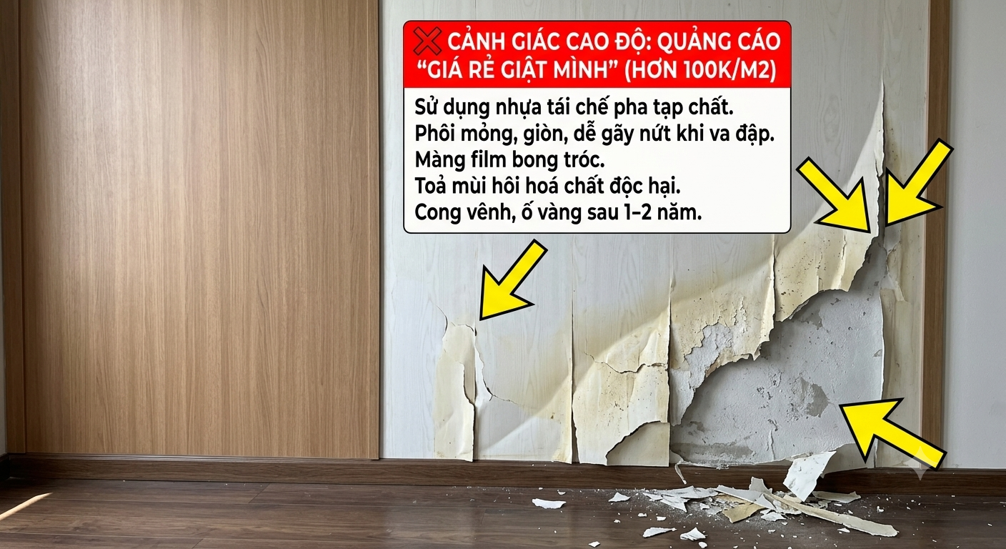 Tác hại và hậu quả khi sử dụng tấm ốp tường nhựa PVC kém chất lượng giá rẻ làm từ nhựa tái chế gây nứt vỡ bong tróc màng film và cong vênh ố vàng sau thời gian ngắn sử dụng.