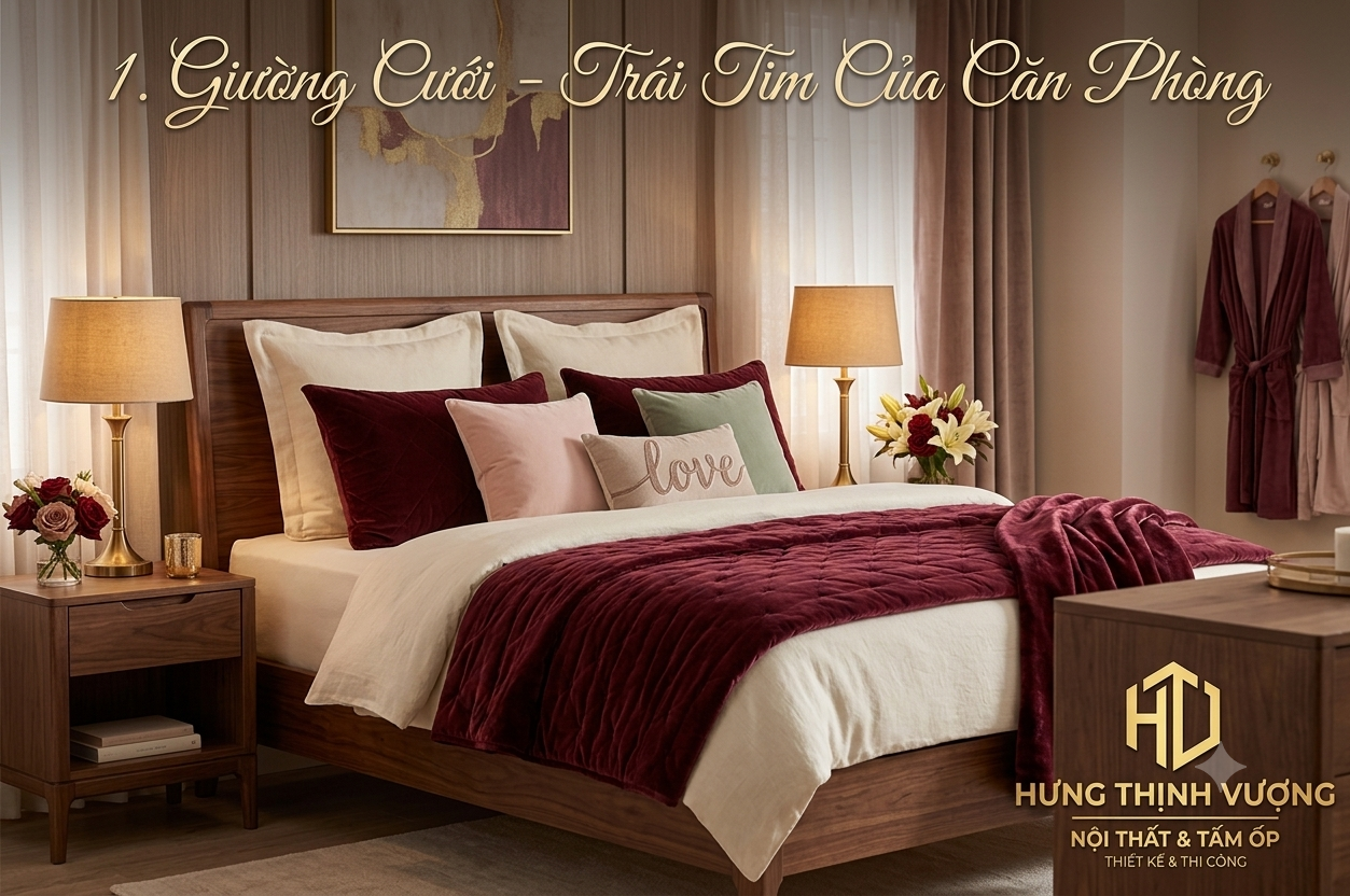 Mẫu giường cưới bằng gỗ tự nhiên cao cấp kết hợp chăn ga gối màu đỏ đô và kem ấm áp, thiết kế nội thất phòng tân hôn lãng mạn trọn vẹn bởi Nội Thất Hưng Thịnh Vượng.