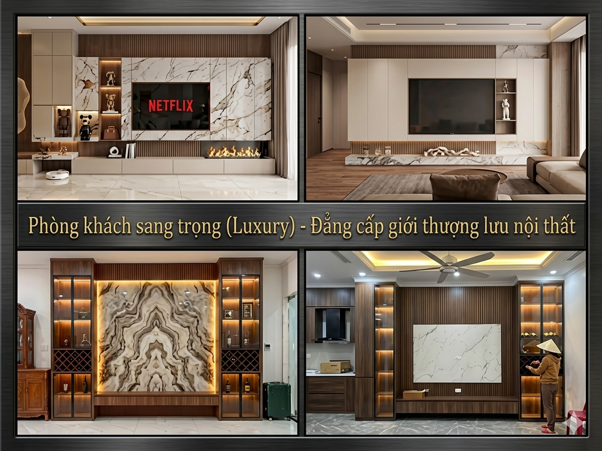 Thiết kế nội thất phòng khách phong cách luxury sang trọng với đèn chùm pha lê và sofa nỉ nhung cao cấp.