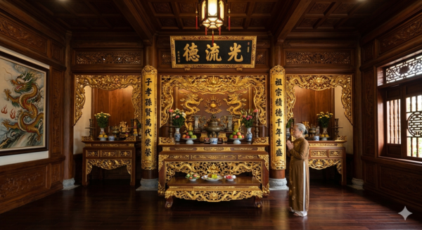 Mẫu nội thất phòng thờ truyền thống với bàn thờ án gian chạm khắc tinh xảo.