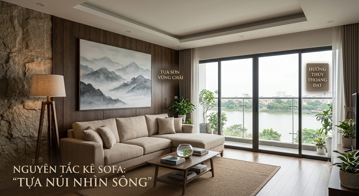 "Nguyên tắc kê sofa phòng khách theo phong thủy: Tựa núi nhìn sông, tạo sự vững chãi và vượng khí cho gia chủ."