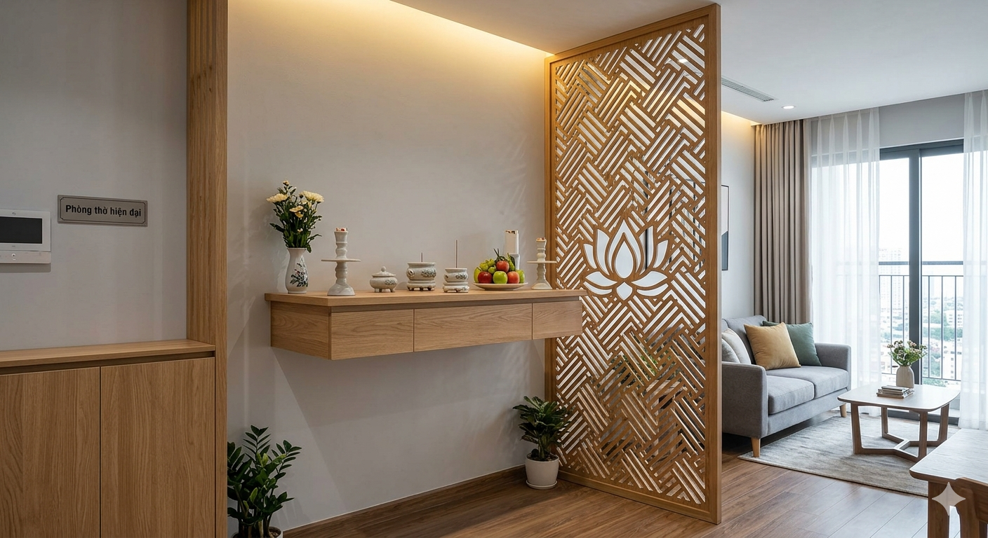 Mẫu thiết kế phòng thờ hiện đại nhỏ gọn với bàn thờ treo và vách ngăn CNC cho chung cư.