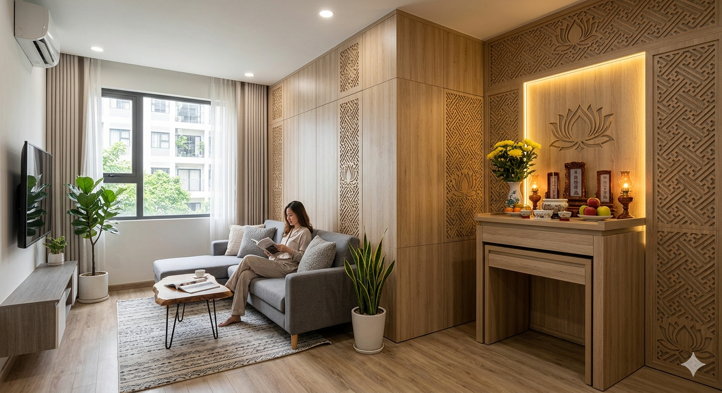 Thiết kế phòng thờ kết hợp phòng khách với vách ốp hậu sang trọng.