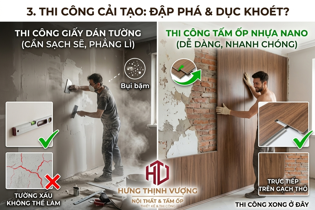 "So sánh quy trình thi công cải tạo: Giấy dán tường bụi bặm và tấm ốp nhựa PVC Nano thi công nhanh, không đập phá của Nội Thất Hưng Thịnh Vượng."