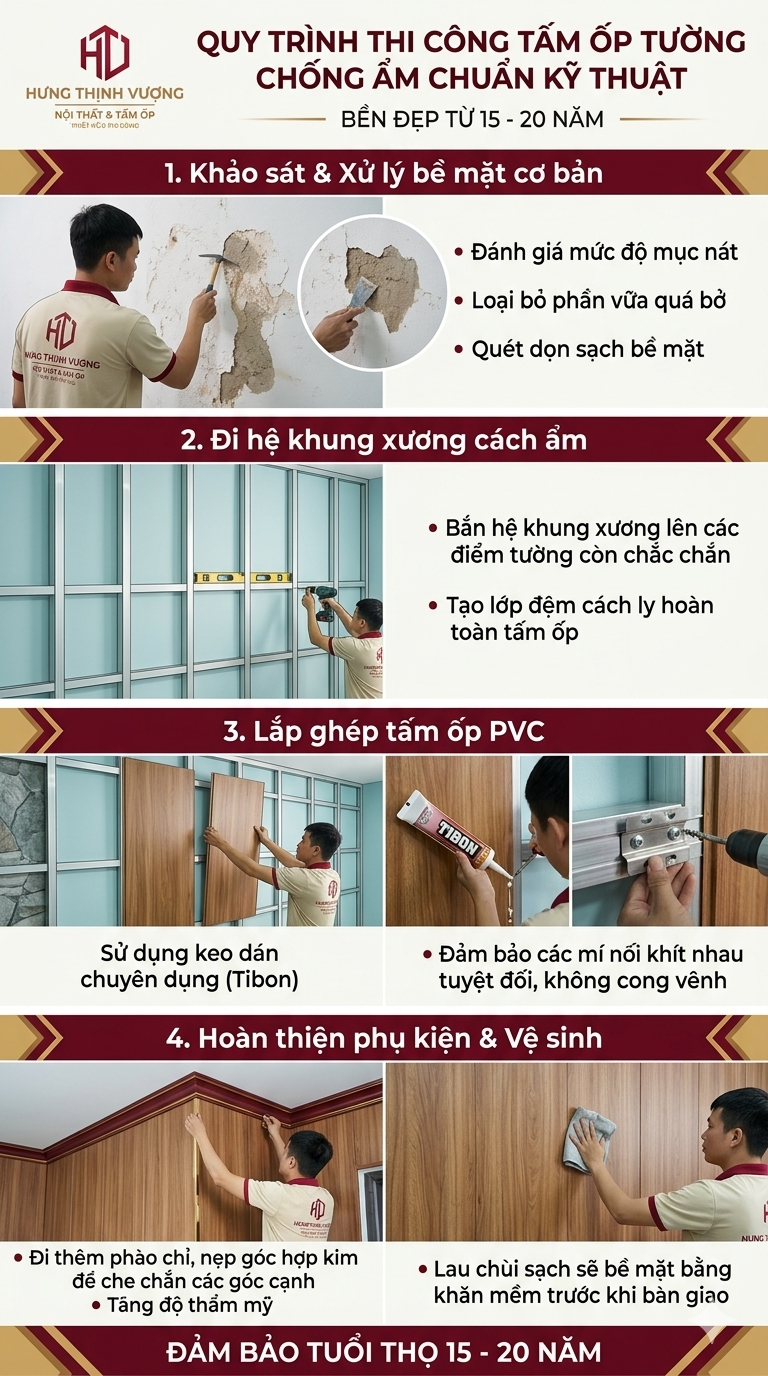 Quy trình 4 bước thi công tấm ốp tường chống ẩm chuẩn kỹ thuật, độ bền 15-20 năm tại Nội Thất Hưng Thịnh Vượng.