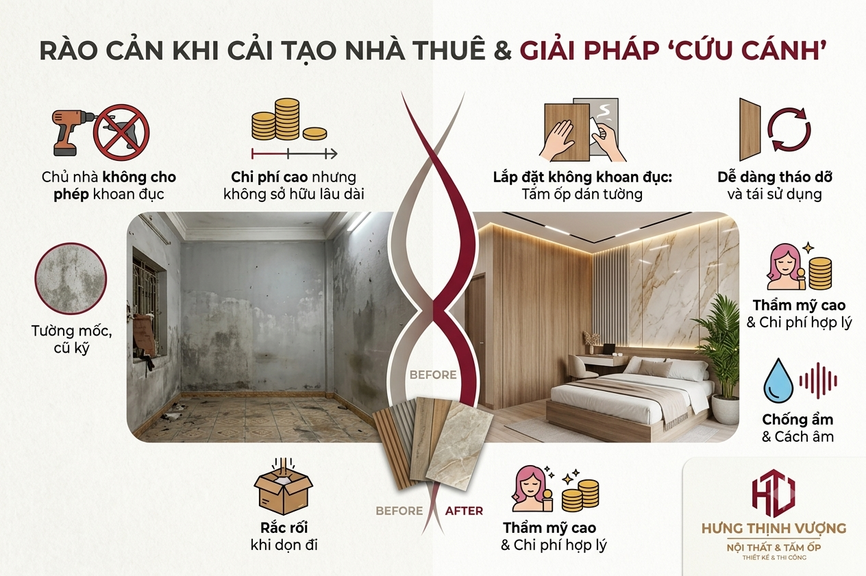 Infographic so sánh trước và sau khi cải tạo nhà thuê, phòng trọ cũ kỹ ẩm mốc bằng giải pháp tấm ốp dán tường không khoan đục từ Nội Thất Hưng Thịnh Vượng.