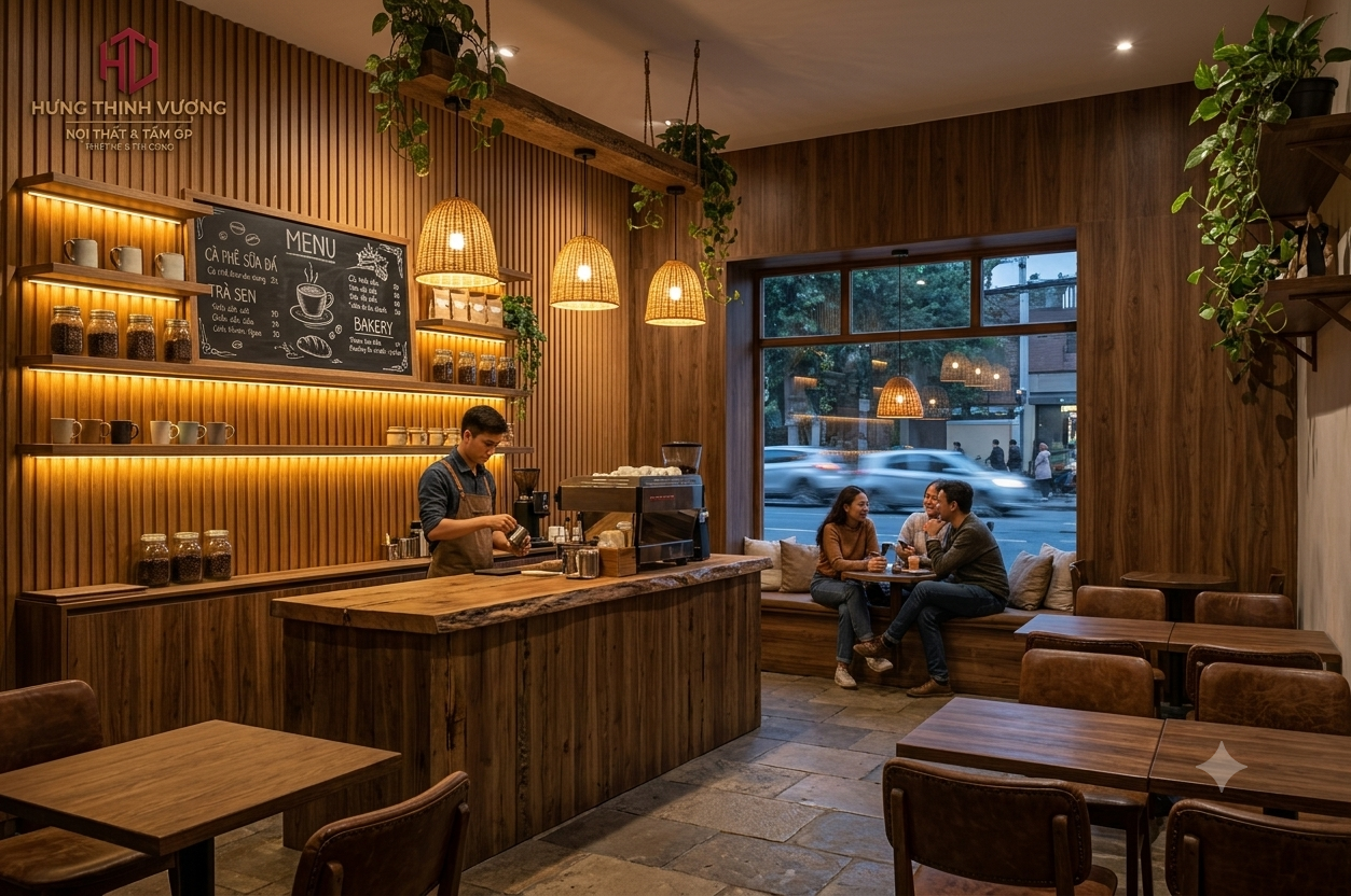 Thiết kế thi công quán cafe mộc mạc ấm áp sử dụng tấm ốp lam sóng vân gỗ sồi kết hợp đèn vàng thư giãn bởi Hưng Thịnh Vượng
