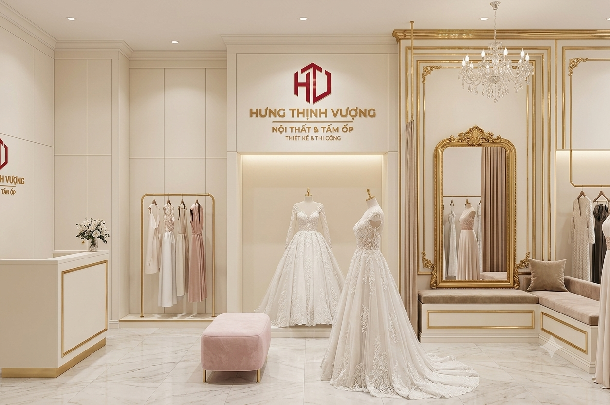 Thi công shop váy cưới sang trọng phong cách tinh tế bằng tấm ốp phẳng Nano trắng kem kết hợp phào chỉ mạ vàng gương bởi Hưng Thịnh Vượng