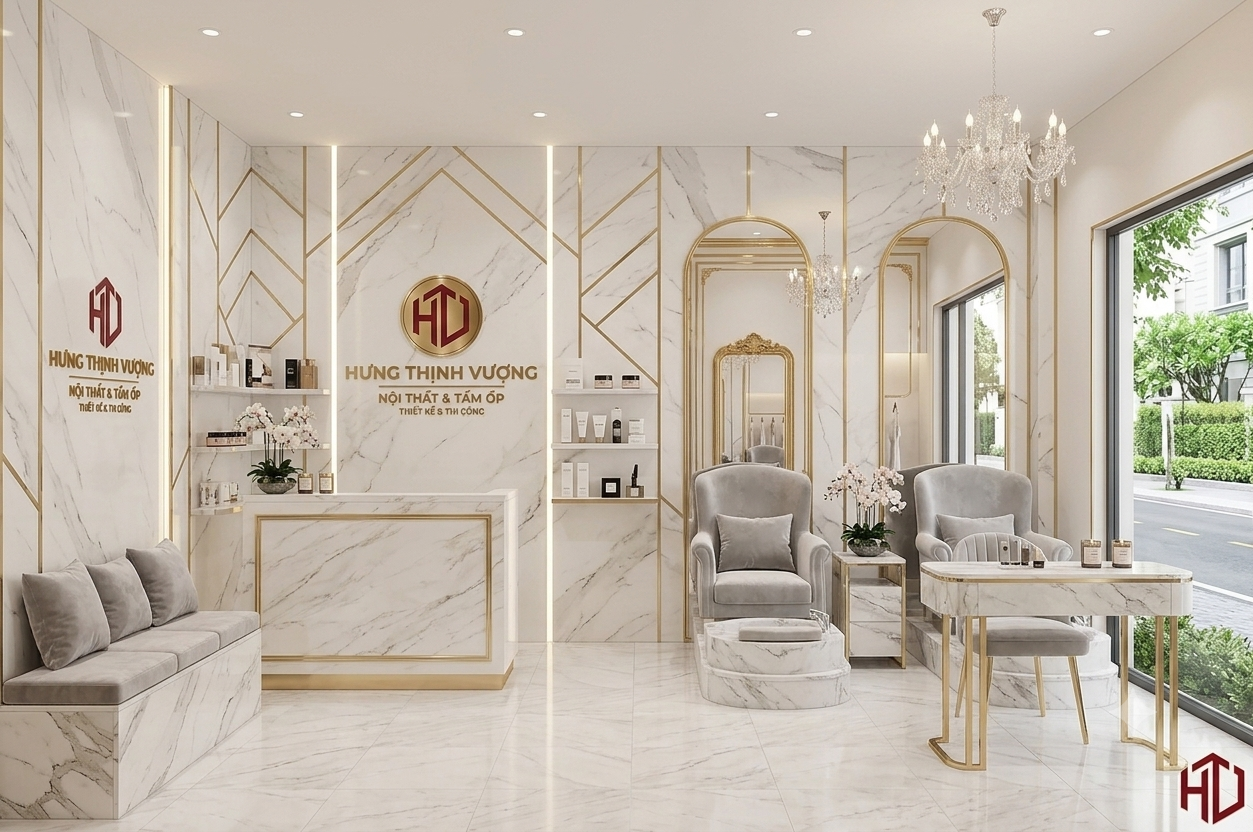 Thiết kế thi công trọn gói tiệm nails salon spa sang trọng bằng tấm ốp nhựa vân đá cẩm thạch trắng phối nẹp hợp kim vàng gương bởi Hưng Thịnh Vượng