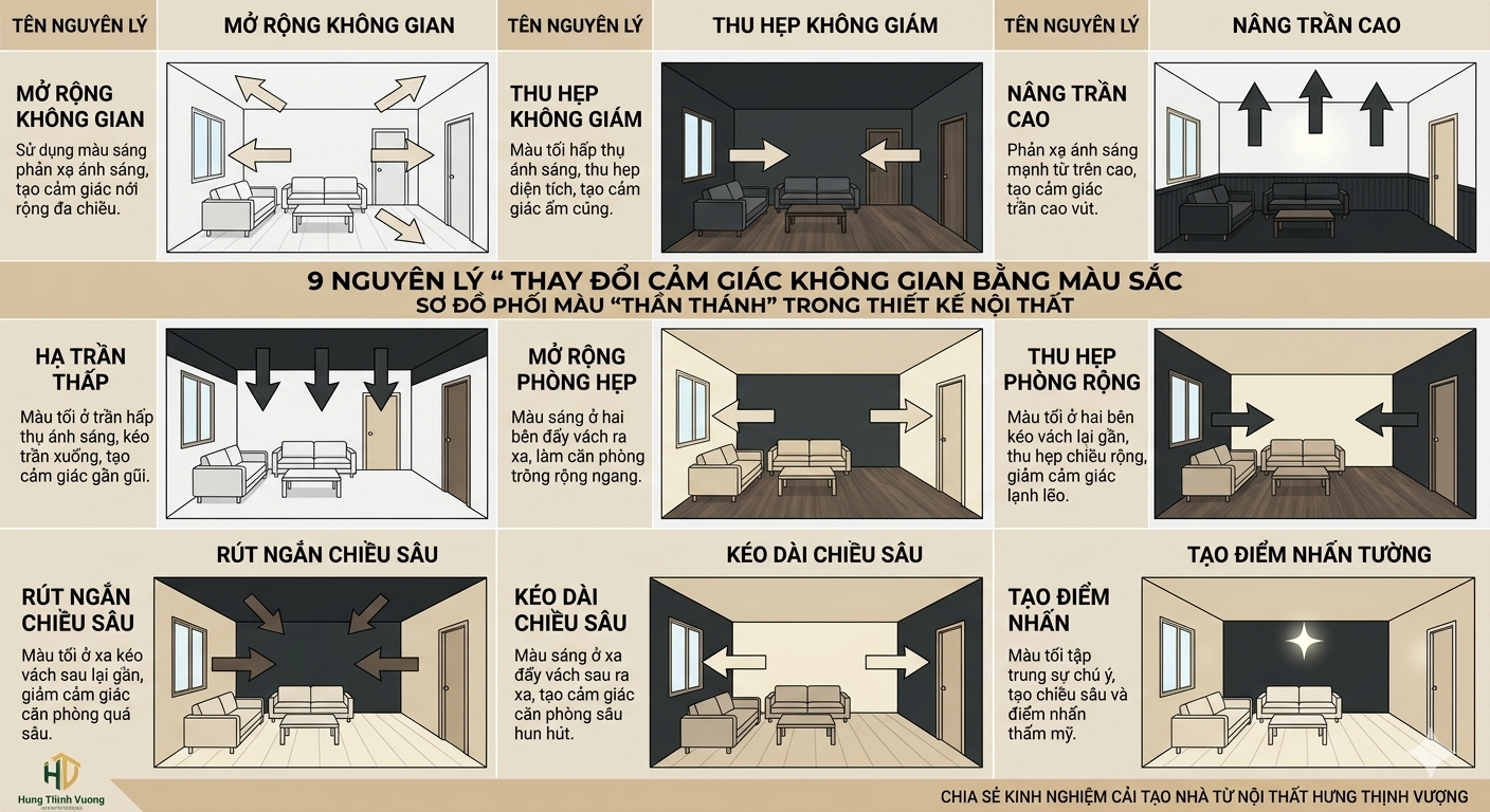 Sơ đồ 9 nguyên lý phối màu sắc giúp thay đổi cảm giác không gian, nới rộng nhà nhỏ hẹp bằng tấm ốp tường và sơn nước.
