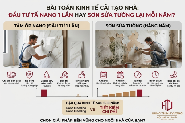 Bảng so sánh chi phí và độ bền giữa tấm ốp Nano và sơn sửa tường hàng năm. Giải pháp cải tạo nhà tiết kiệm chi phí dài hạn từ Nội Thất Hưng Thịnh Vượng.