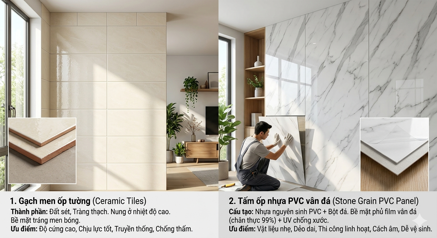 Bảng so sánh đặc điểm của gạch men ốp tường và tấm ốp nhựa PVC vân đá trong thiết kế nội thất.