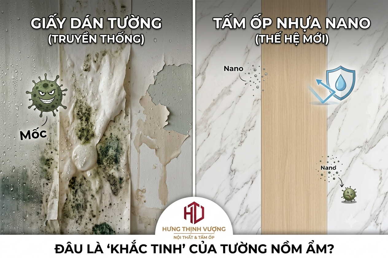 "So sánh giấy dán tường bị ẩm mốc và tấm ốp nhựa Nano chống ẩm hiệu quả - Giải pháp trị tường nồm ẩm từ Nội Thất Hưng Thịnh Vượng."