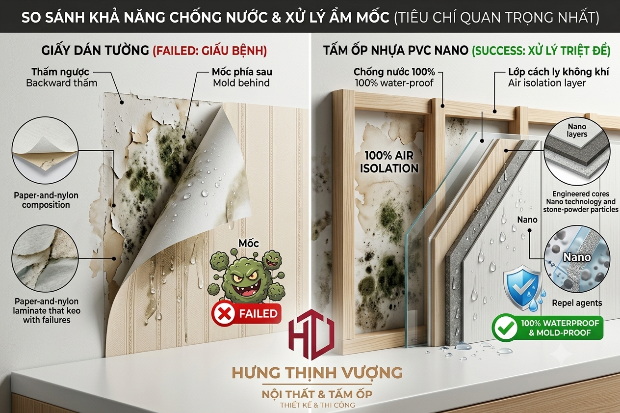 "So sánh kỹ thuật: Giấy dán tường gây ẩm mốc và tấm ốp nhựa PVC Nano chống thấm 100% của Nội Thất Hưng Thịnh Vượng."