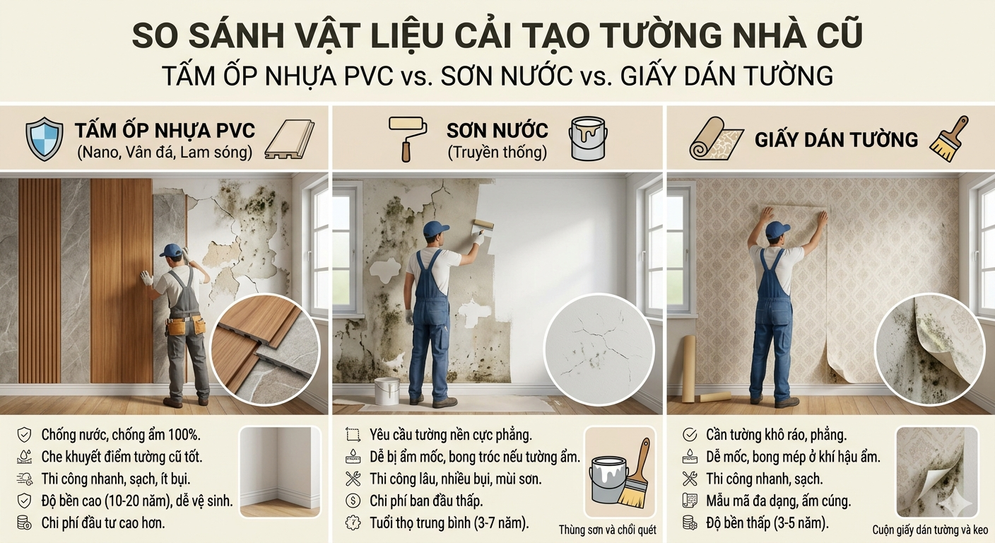 Bảng so sánh chi tiết ưu nhược điểm của tấm ốp nhựa PVC, sơn nước và giấy dán tường trong cải tạo tường nhà cũ ẩm mốc.