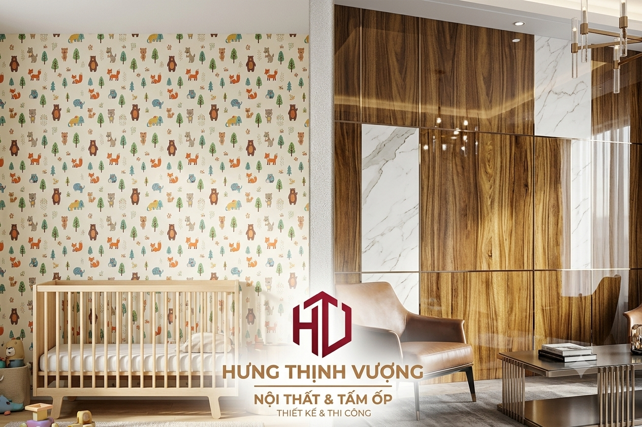 "So sánh thẩm mỹ: Giấy dán tường phòng trẻ em và tấm ốp nhựa Nano vân gỗ sang trọng cho vách tivi, thiết kế đẳng cấp từ Nội Thất Hưng Thịnh Vượng."