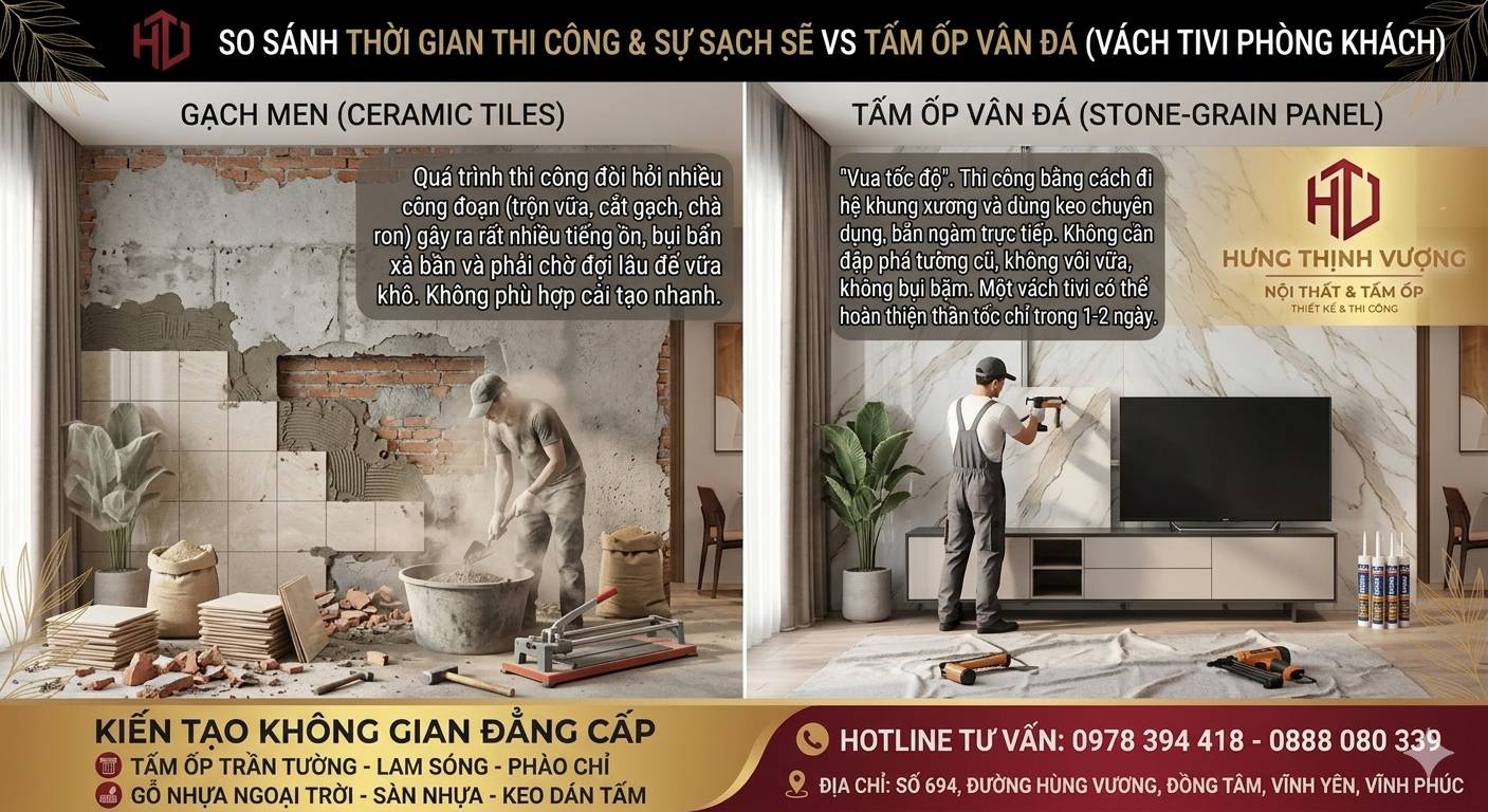 So sánh quy trình thi công vách tivi giữa ốp gạch men truyền thống và tấm ốp nhựa PVC vân đá tại Hưng Thịnh Vượng.