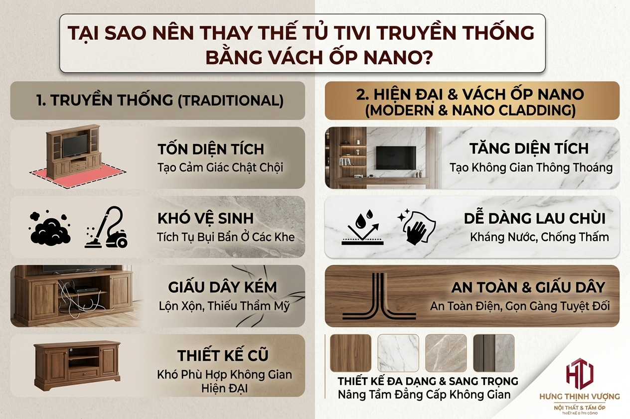 Infographic so sánh ưu điểm của vách ốp Nano hiện đại so với tủ tivi truyền thống trong việc tối ưu không gian phòng khách.