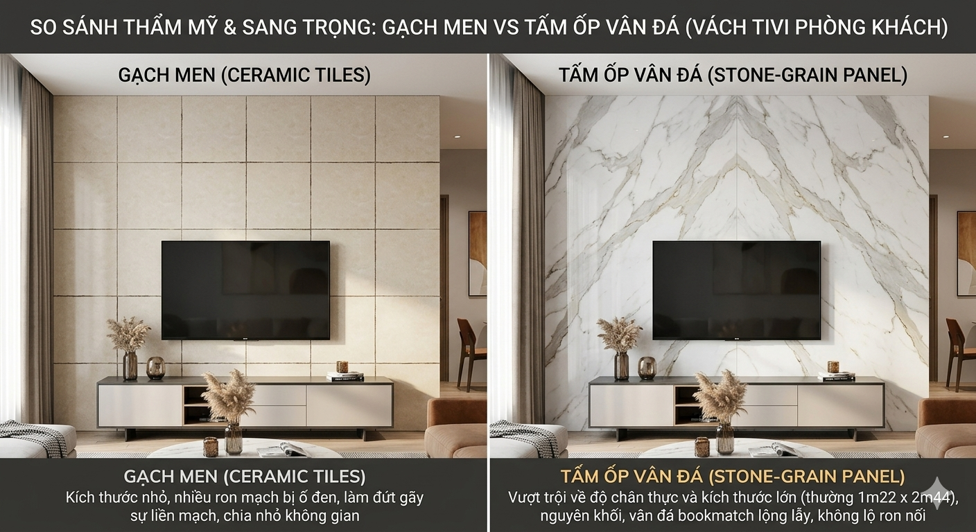 Hình ảnh so sánh thực tế tính thẩm mỹ giữa vách tivi phòng khách ốp gạch men và vách tivi sử dụng tấm ốp nhựa PVC vân đá đối xứng bookmatch.
