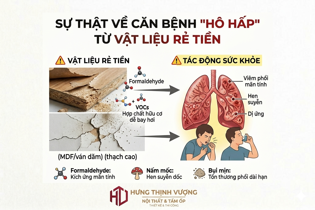 Infographic về tác hại của Formaldehyde và VOCs trong vật liệu nội thất rẻ tiền đối với hệ hô hấp, tư vấn giải pháp từ Nội Thất Hưng Thịnh Vượng.