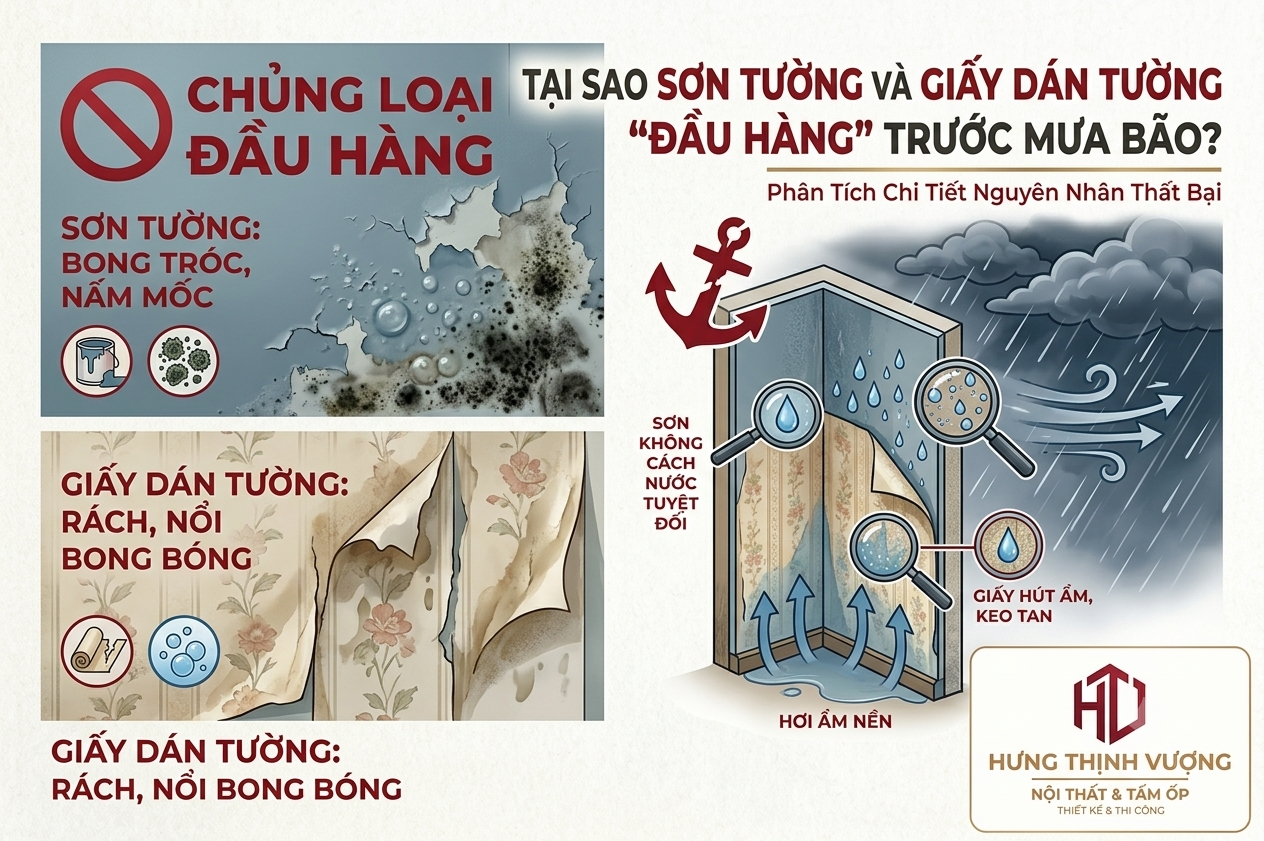 Infographic phân tích nguyên nhân sơn tường bị bong tróc, nấm mốc và giấy dán tường bị rách, nổi bong bóng dưới tác động của hơi ẩm nền và nước mưa bão.