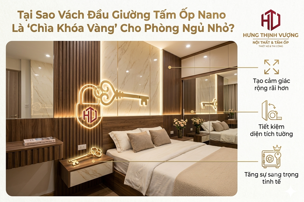 Infographic lý giải tại sao vách đầu giường tấm ốp Nano là lựa chọn tối ưu giúp phòng ngủ nhỏ trông rộng rãi và sang trọng hơn.