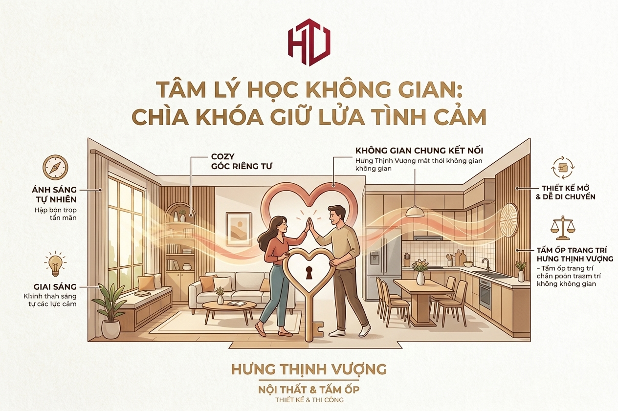 Infographic tâm lý học không gian và giải pháp thiết kế nội thất giữ lửa tình cảm cho cặp đôi trẻ bằng tấm ốp trang trí Hưng Thịnh Vượng.