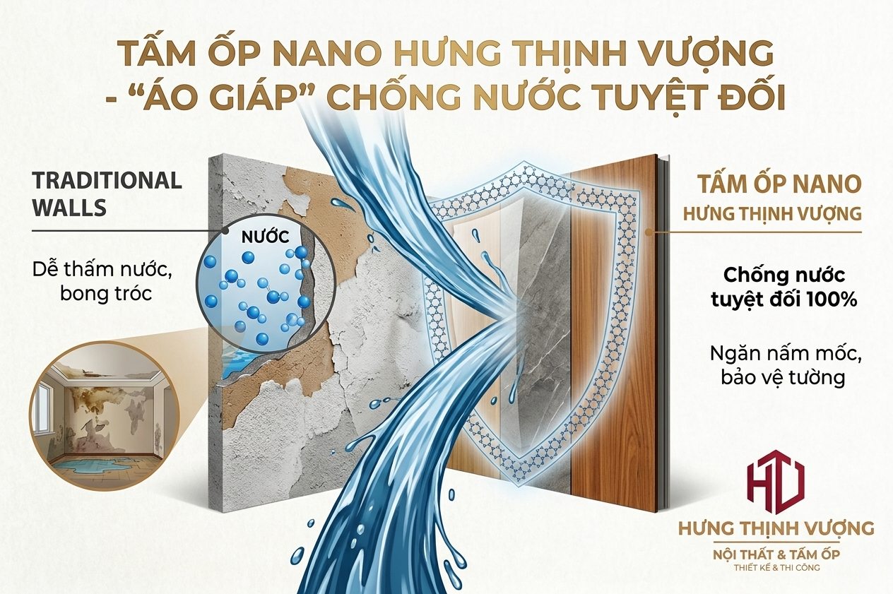 Infographic mặt cắt so sánh tường truyền thống dễ thấm nước bong tróc và tấm ốp Nano Hưng Thịnh Vượng chống nước tuyệt đối 100% ngăn nấm mốc bảo vệ tường.