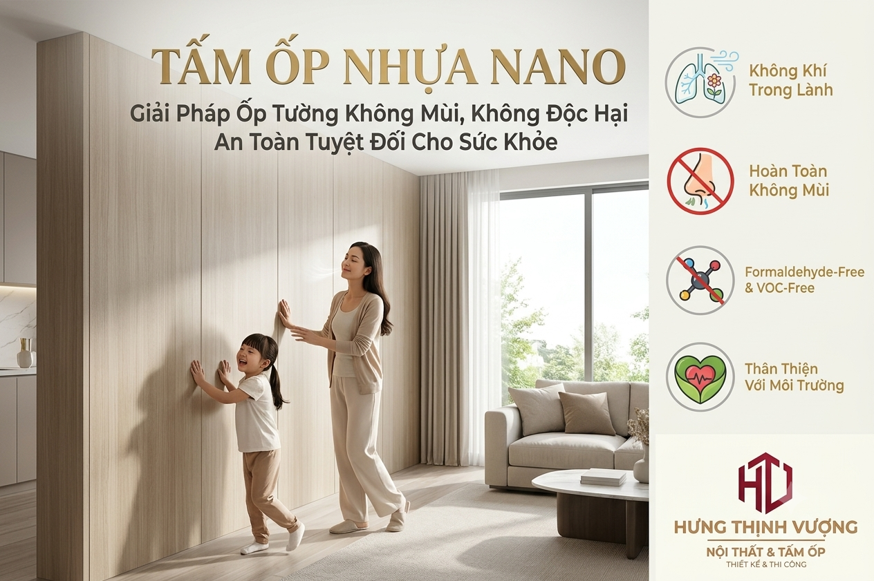 Giải pháp tấm ốp nhựa Nano không mùi, không độc hại, an toàn tuyệt đối cho sức khỏe gia đình được thi công bởi Nội Thất Hưng Thịnh Vượng.