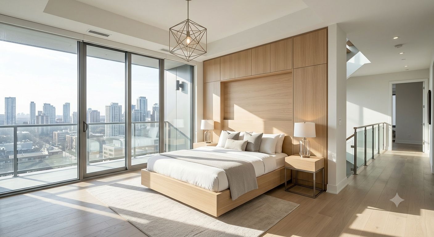 Mẫu thiết kế nội thất phòng ngủ chung cư nhỏ tối ưu không gian với hệ tủ kịch trần âm tường ôm trọn đầu giường bằng gỗ sáng màu hiện đại và ban công rộng thoáng.
