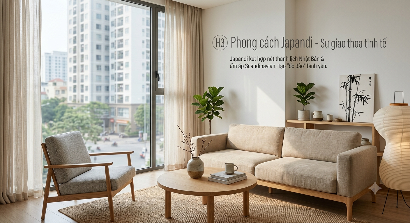 Mẫu thiết kế nội thất phòng khách phong cách Japandi với sự giao thoa tinh tế giữa nét thanh lịch Nhật Bản và sự ấm áp Scandinavian, kiến tạo bởi Nội Thất Hưng Thịnh Vượng.